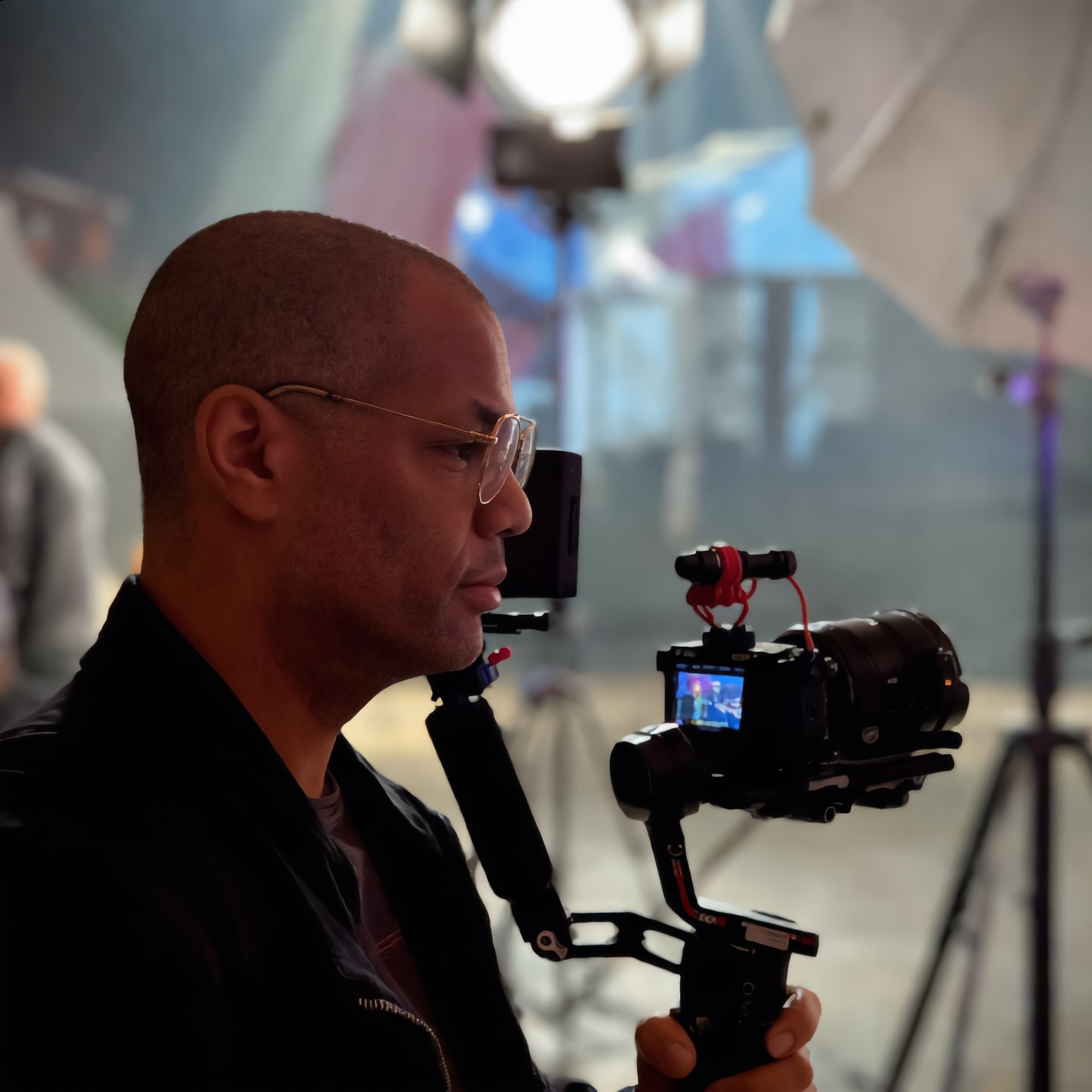 Chris Hardy operating a gimbal rig on location