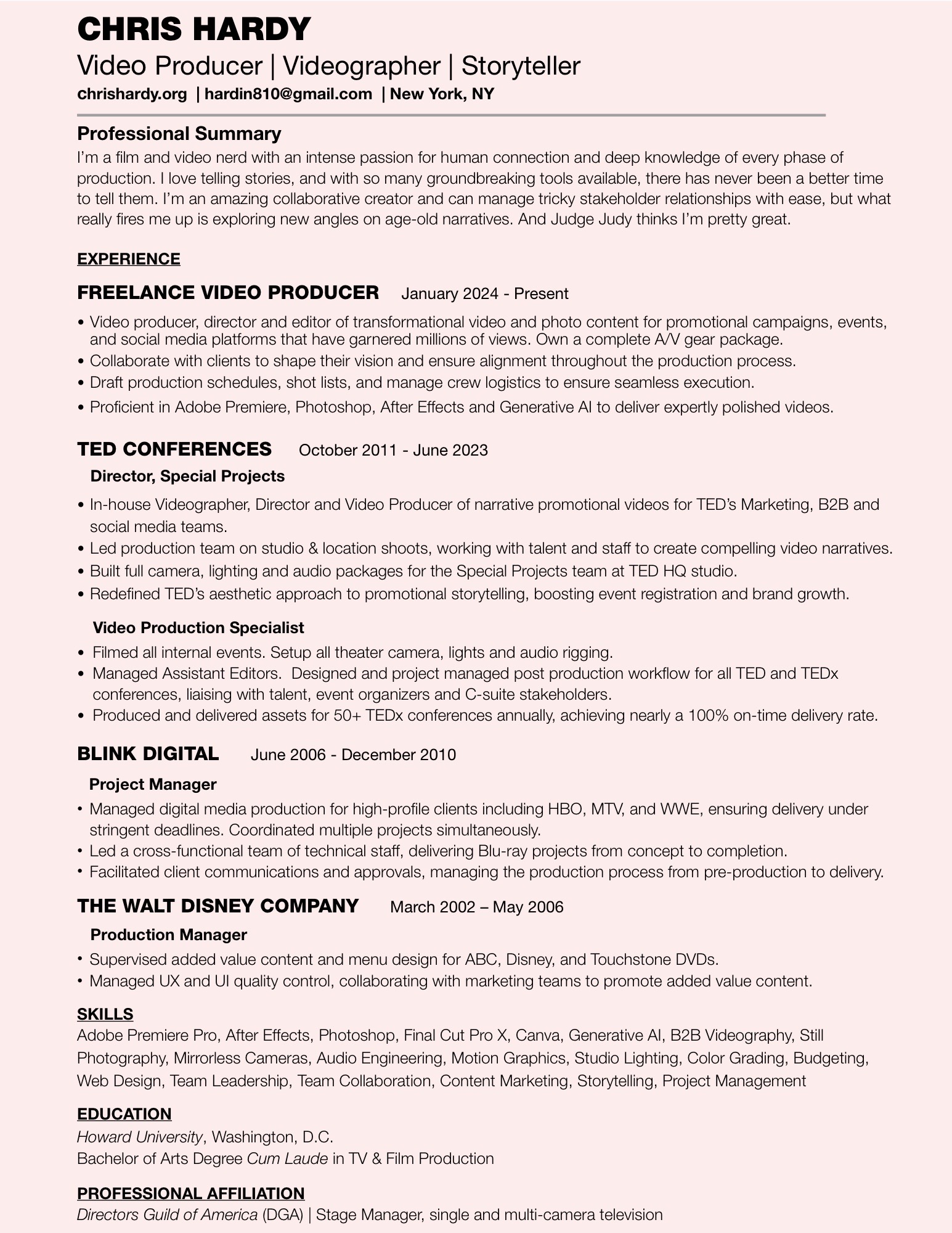 Chris Hardy's resume — video producer, videographer and storyteller